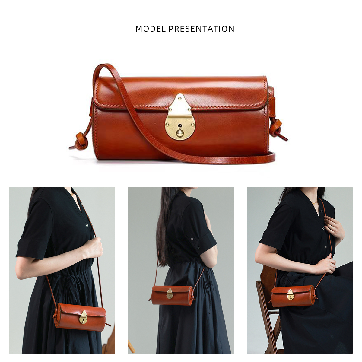 Women's Cowhide Shoulder Bag Vintage Cylindrical Bag