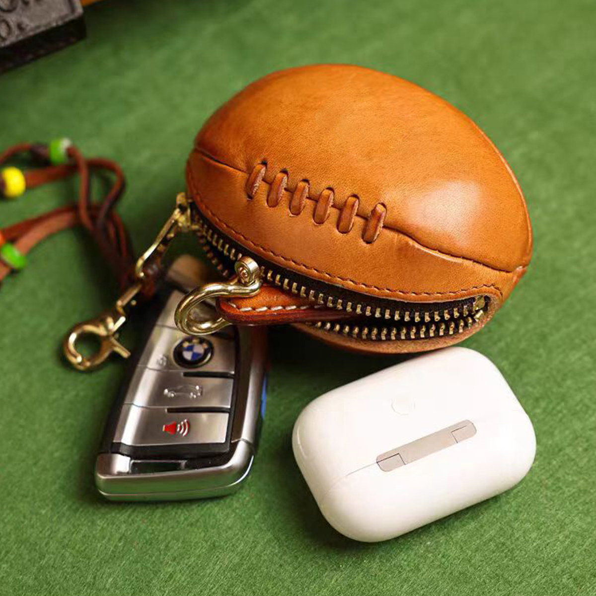First Layer Cowhide Key Bag Retro Rugby Bag Headphone Bag