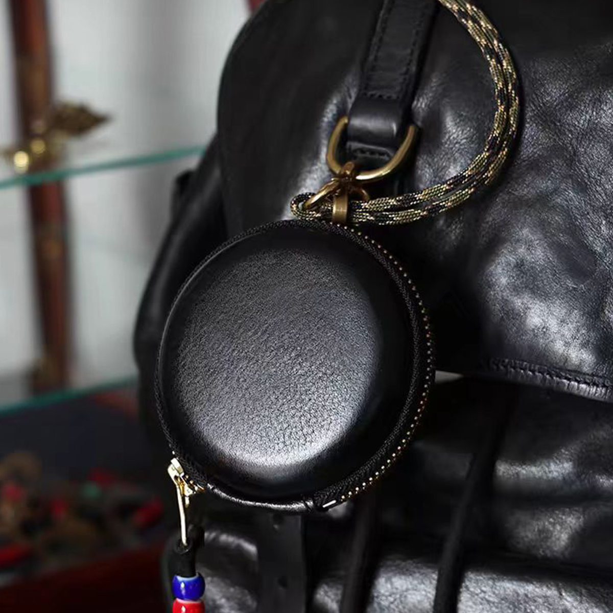 Cowhide Earphone Bag Genuine Leather Mini Pendant Small Round Bag